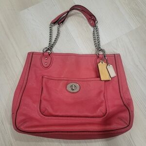 ​Coach Poppy Taylor East West Tote Pink Pebbled Leather Silver Chain 24083